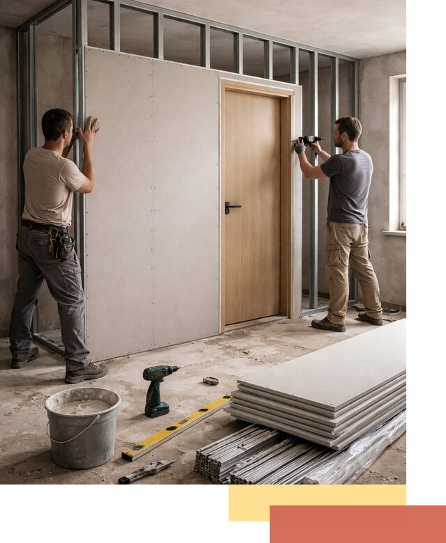 Перегородка из гипсокартона с дверью под ключ в Севастополе