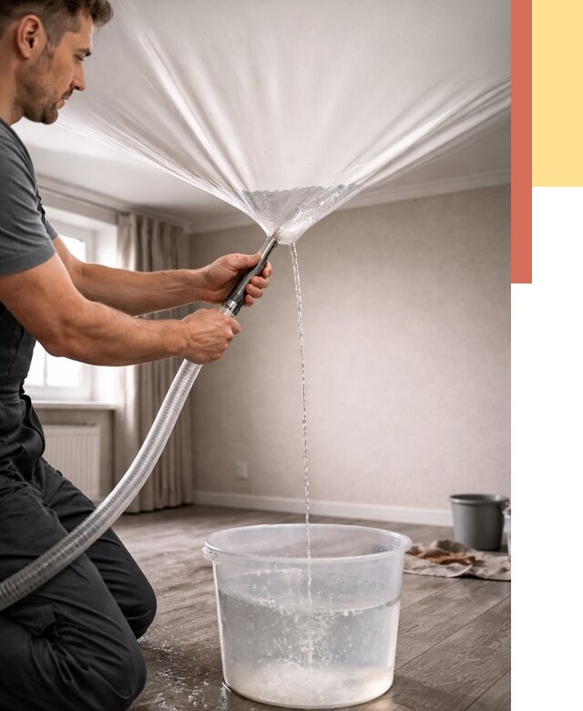 Слив воды с натяжного потолка в Севастополе от 2580 руб. быстро и недорого | ОТДЕЛОЧНИК-Сев